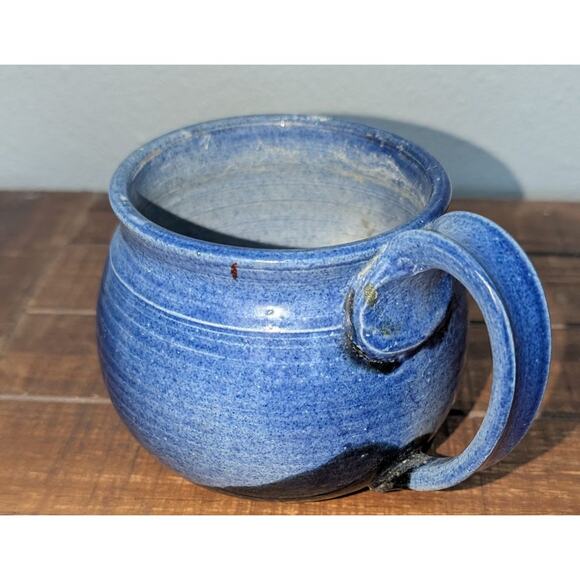 Vintage 1988 Signed Studio Pottery Mountain Moon Motif Round Coffee Mug Blue - Picture 4 of 6